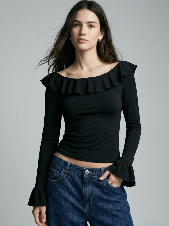 Black Ruffle Sleeve Boat Neck Top
