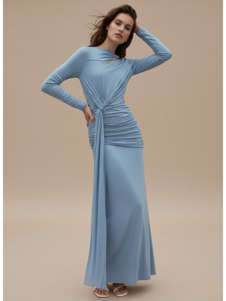 Blue Full Sleeve Waist Tie-Up Neck Detail Dress