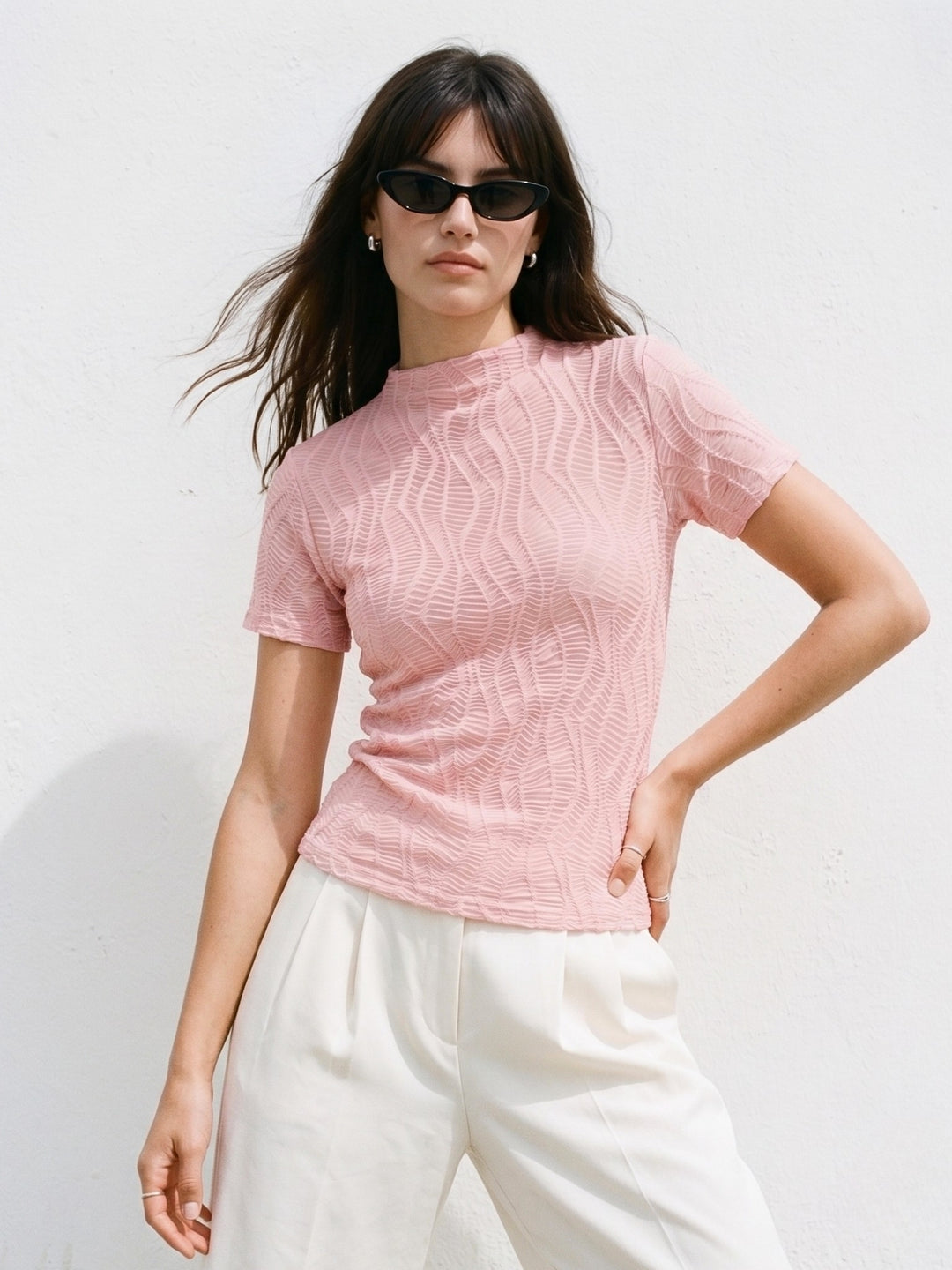 Pink Textured High Neck Fitted Top