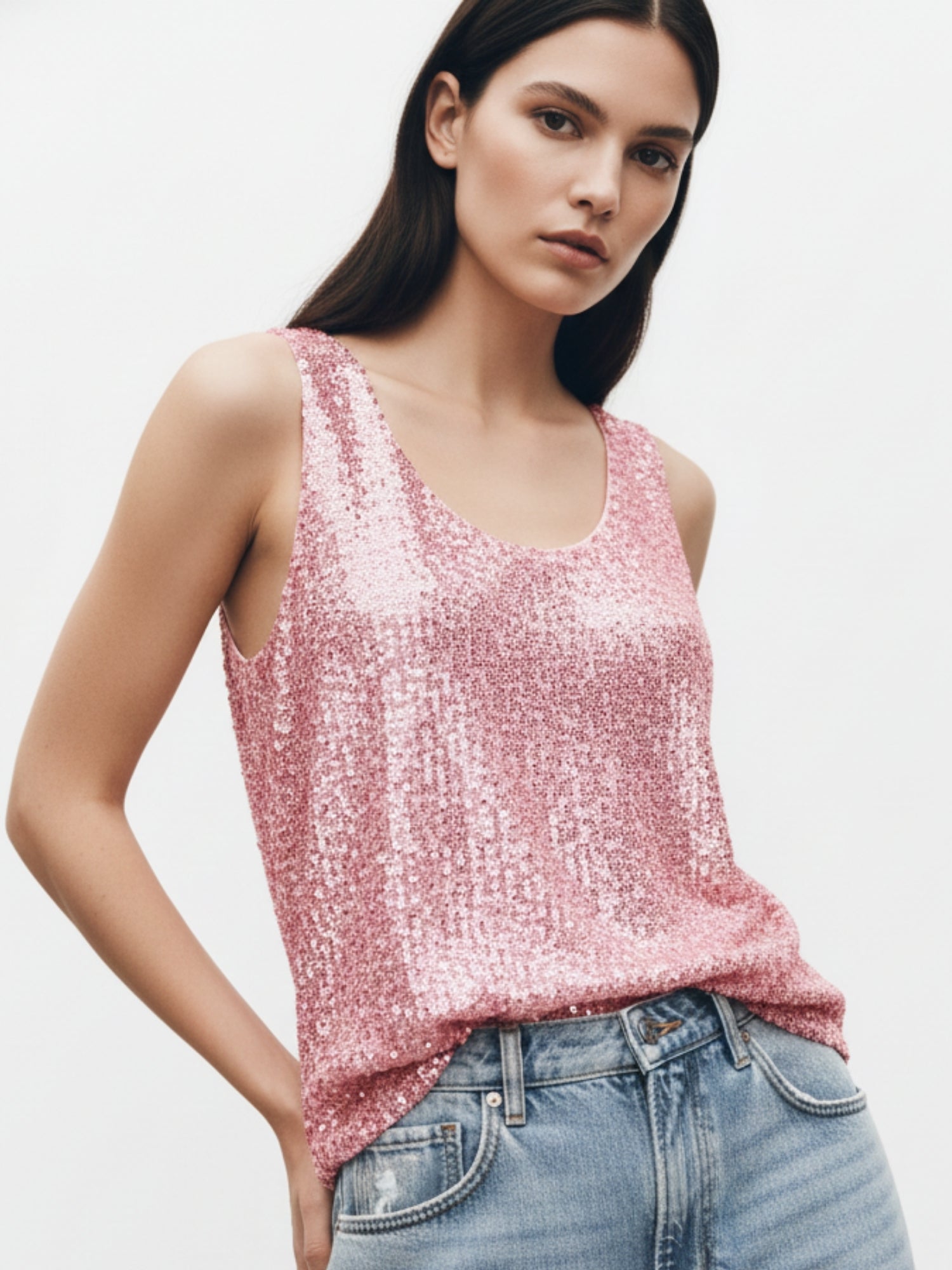Pink Shoulder Strap Sequined Top