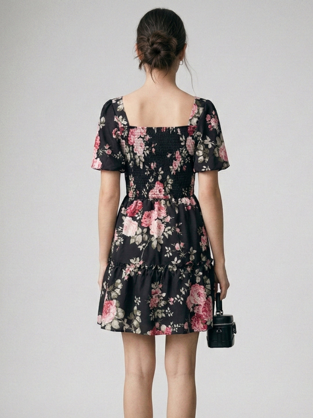 Black Flare Sleeve Tiered Floral Dress