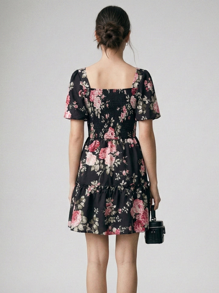 Black Flare Sleeve Tiered Floral Dress
