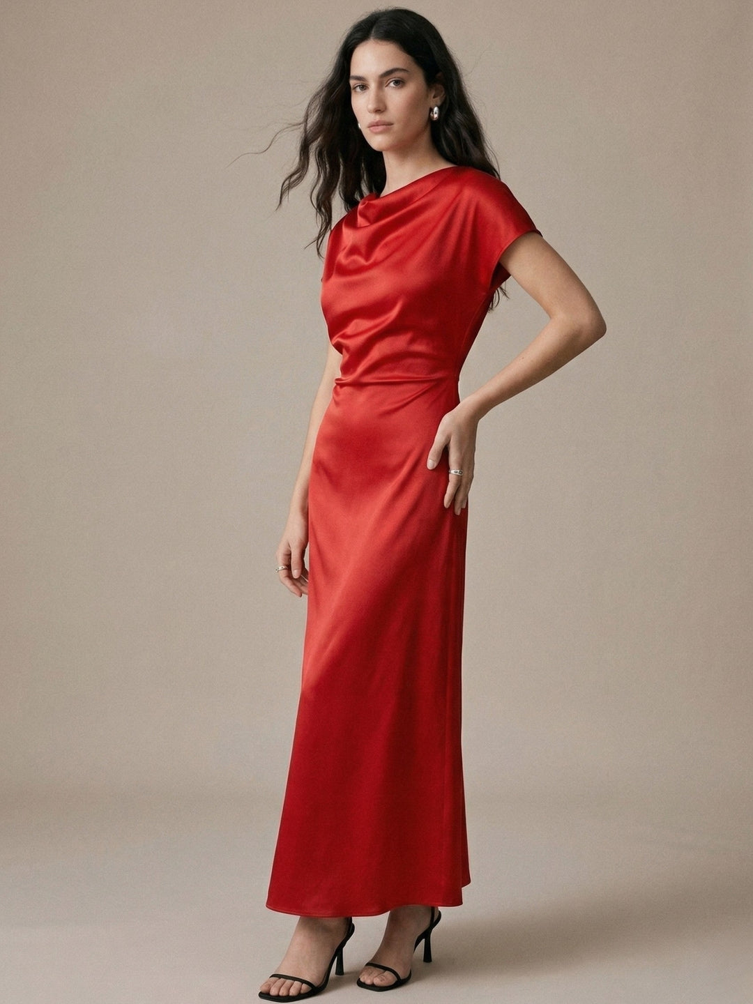 Red Off-Shoulder Drapey Evening Wear Dress