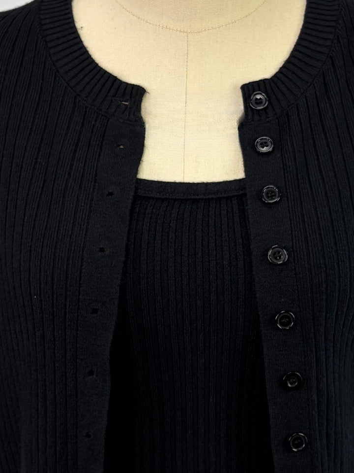 Black Striped Textured Cardigan Styled 2Pcs Top