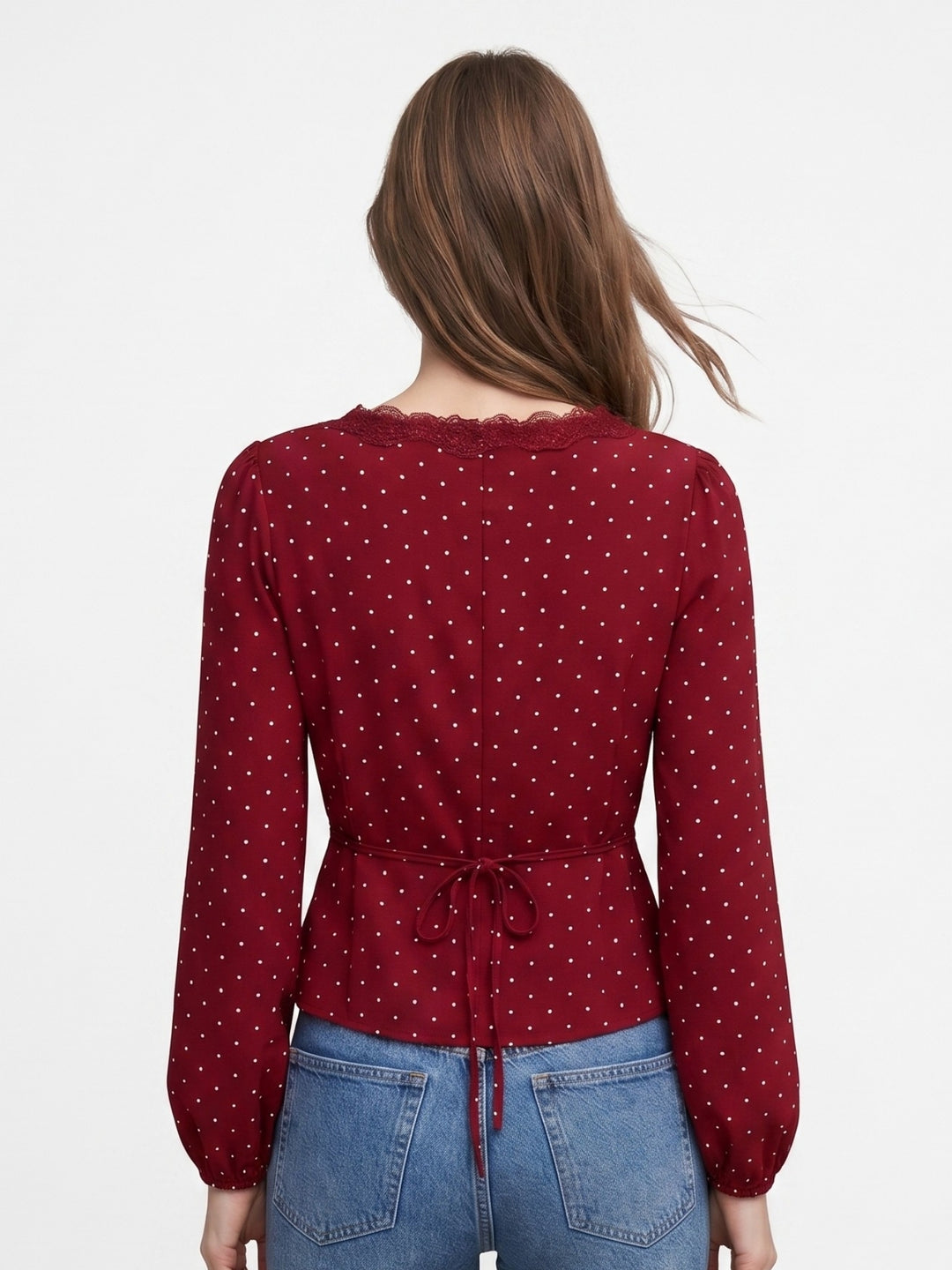 Red Polka Dotted Blouse With Lace Inserts