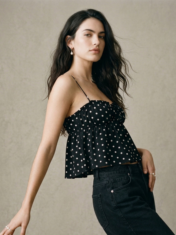 Black Strappy Sweetheart Neckline Polka Dotted Camisle