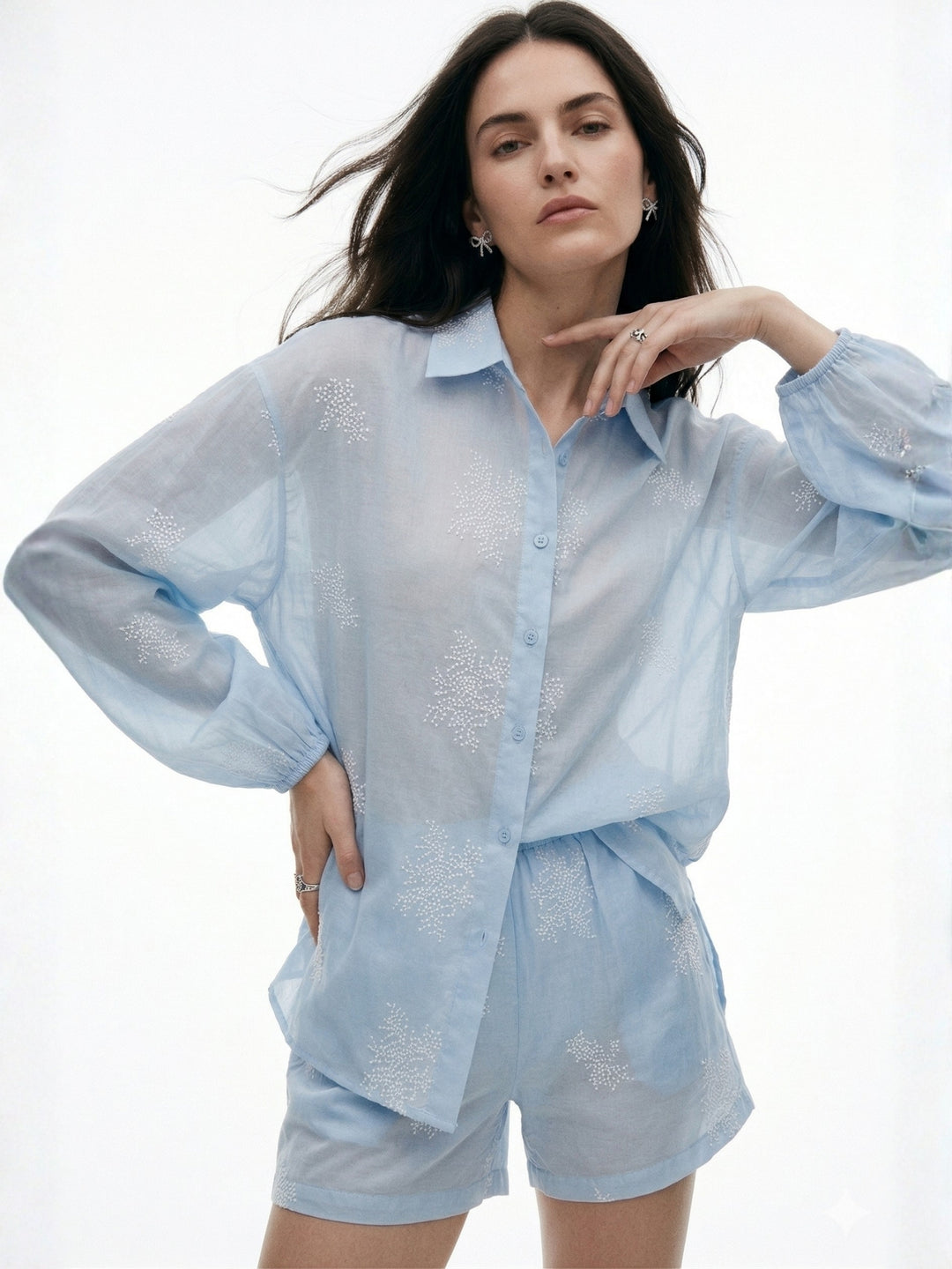 Blue Bishop Sleeve Collared Sheer Shirt And Shorts Set