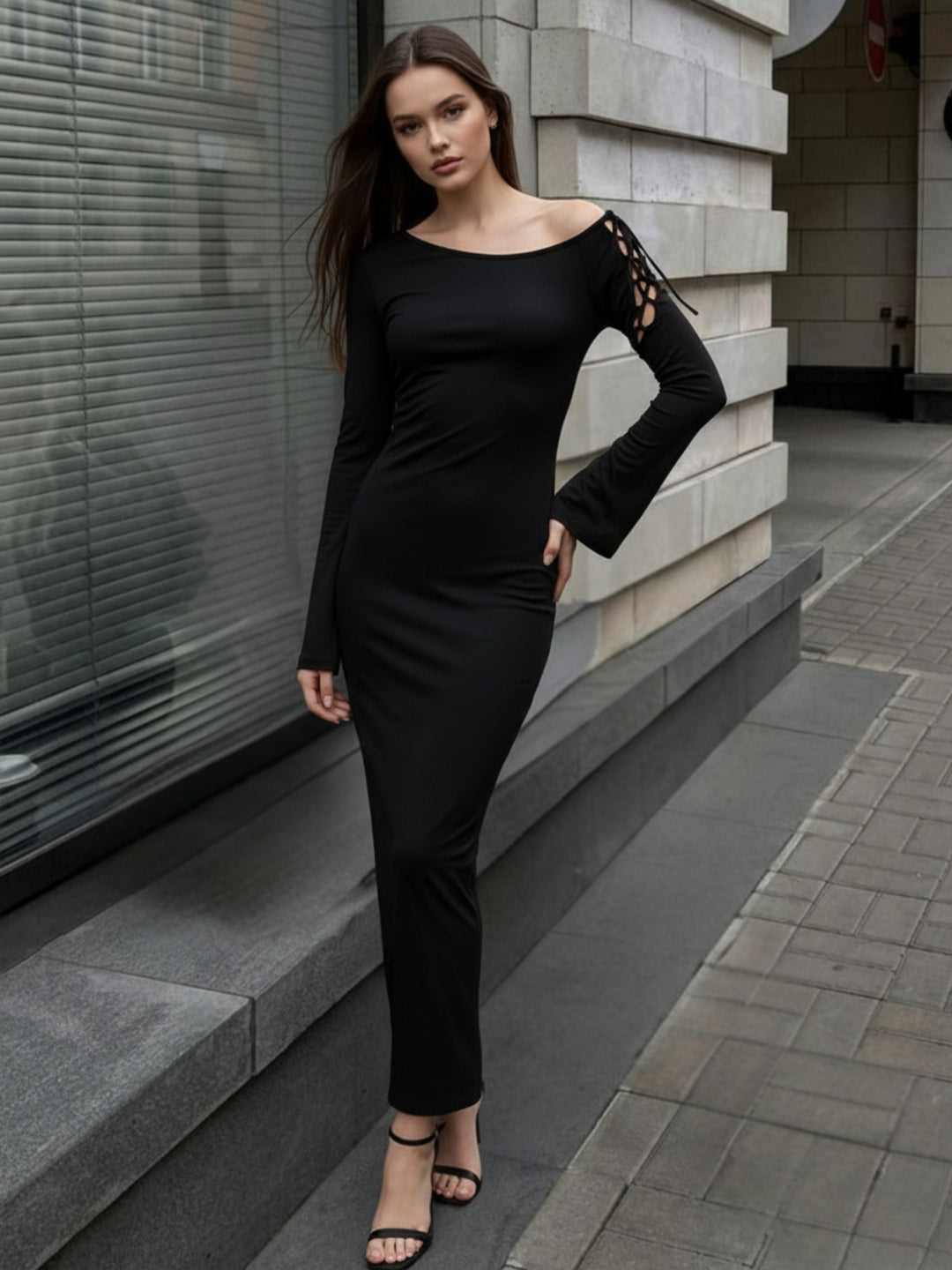 Black Off-Shoulder Dress With Gladiator Tie Up Detail On Sleeve