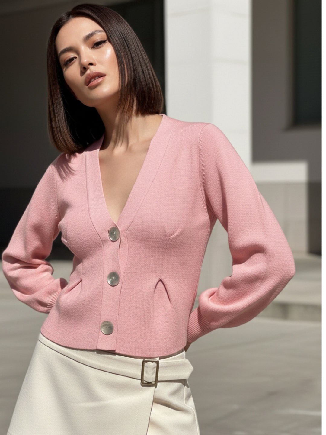 Pink Bell Sleeve Front Buttoned Cardigan