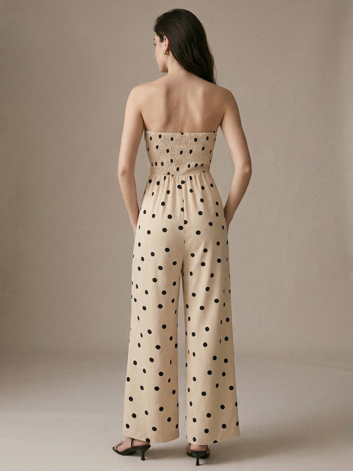 Beige Off Shoulder Polka Printed Jumpsuits