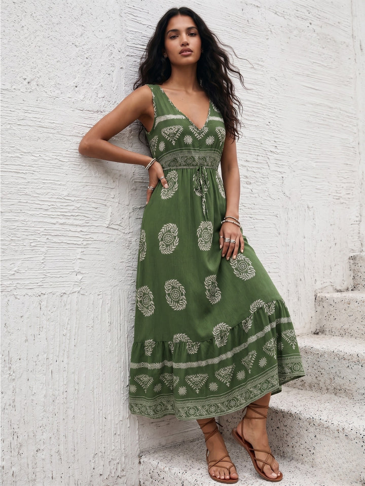 Olive Sleeveless V Neck Printed Dress