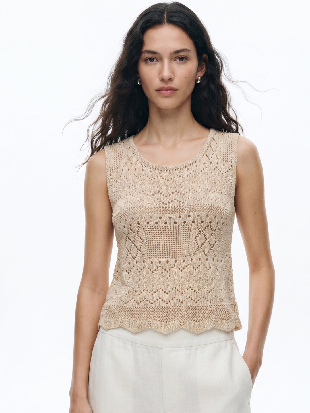 Beige Sleeveless Textured Knit Tank