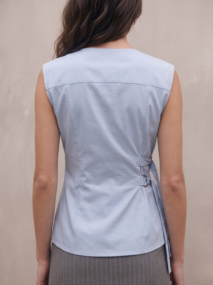 Blue Asymmetrical Wrap-Around Front With A Crisp V-Neckline