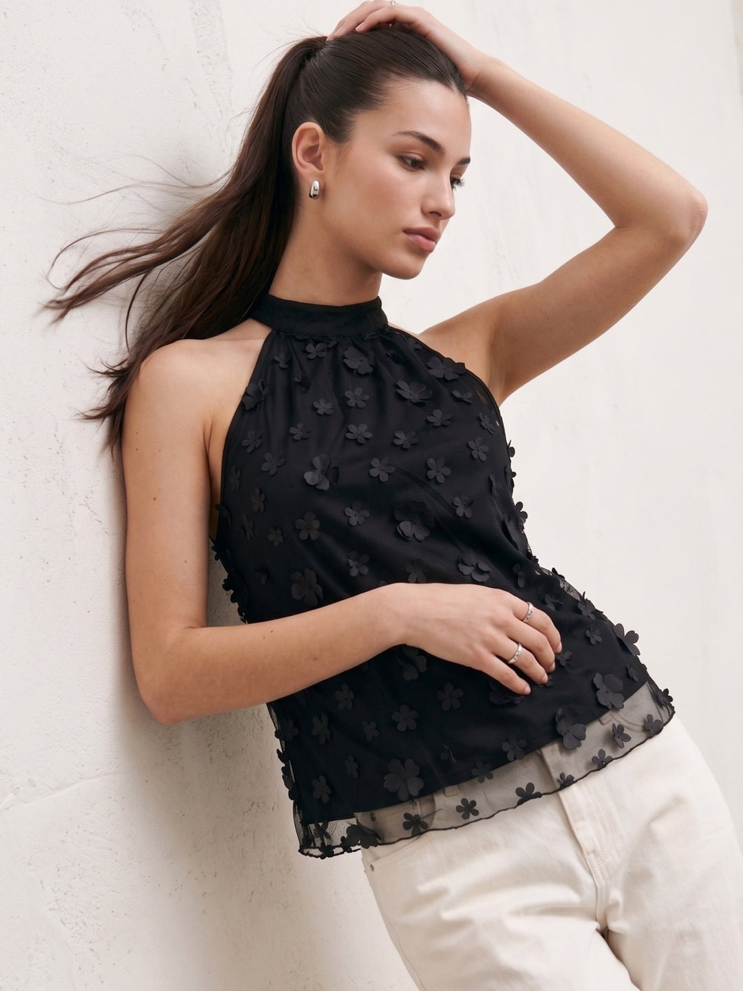 Black Halter Neck Floral Applique Top