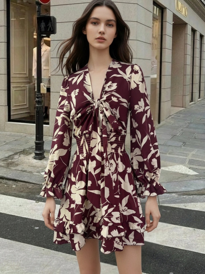 Wine Bishop Sleeve Front Tie-Up Printed Dress
