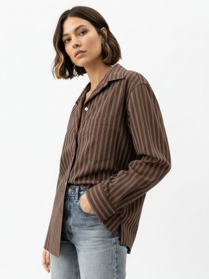 Brown Striped Oversized Single Pocket Shirt