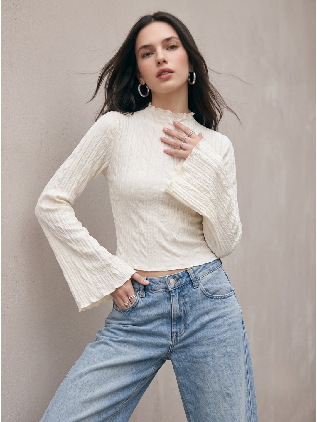 White Textured High Neck Top With Flared Sleeves