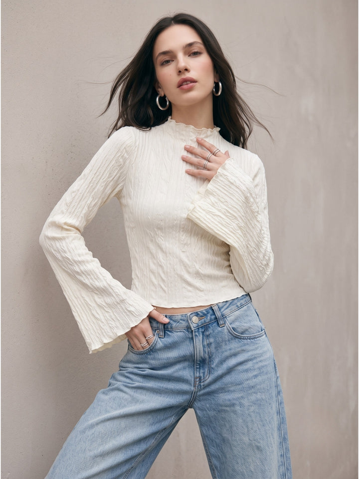 White Textured High Neck Top With Flared Sleeves