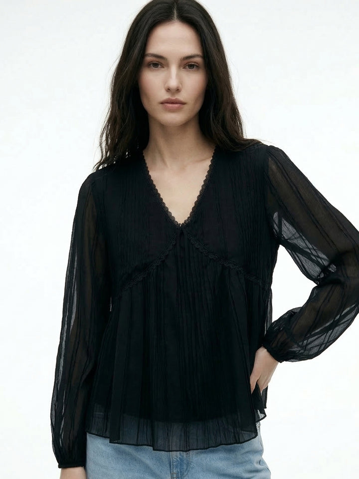 Black Empire Waist Line Lace Detail Sheer Top