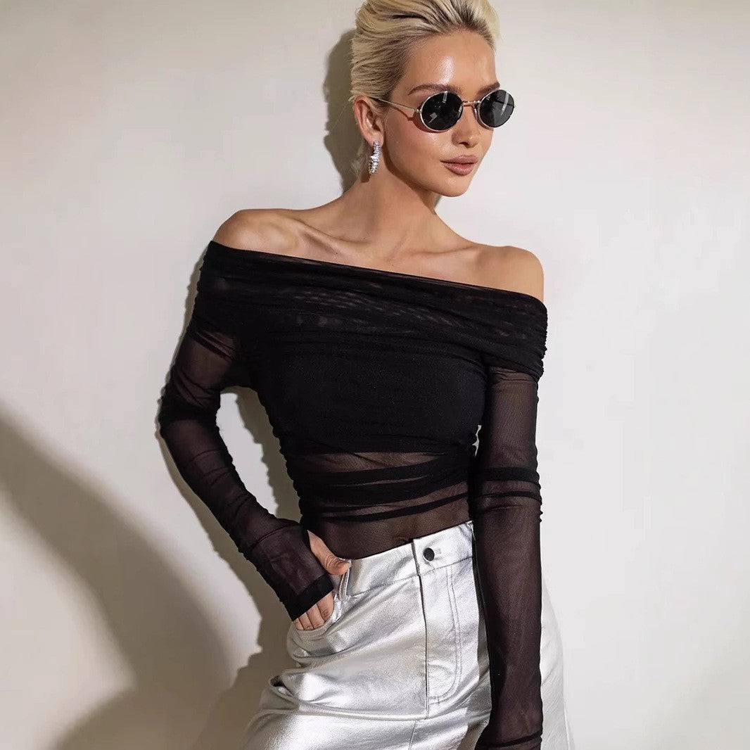 Black Off-Shoulder Sheer Mesh Top