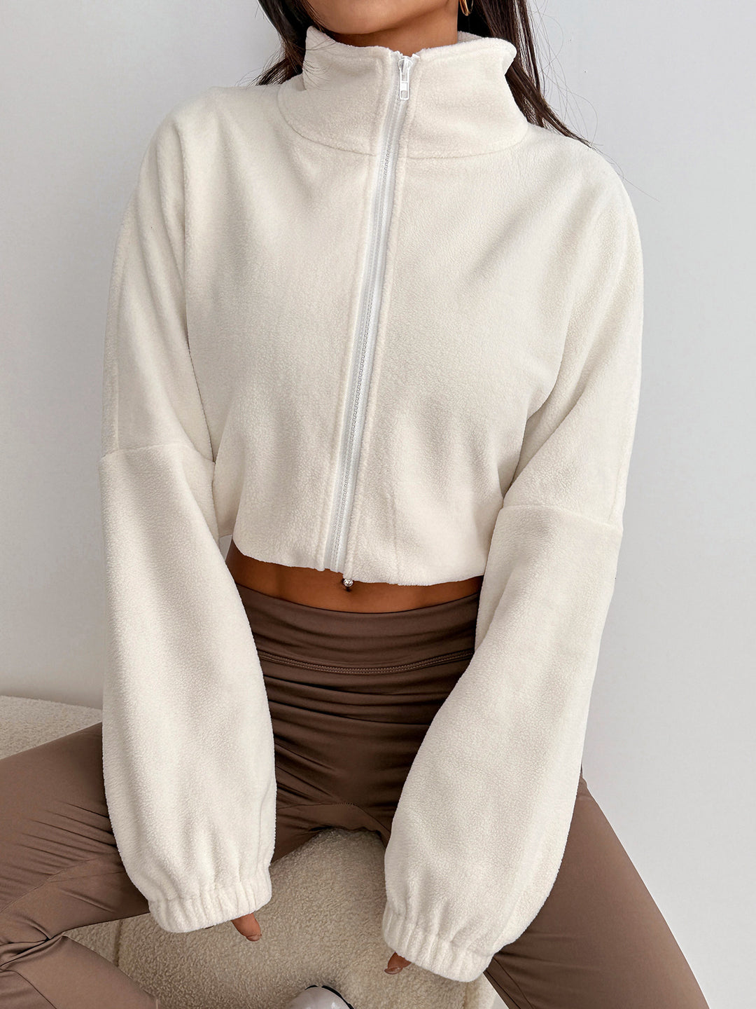 Off White Bishop sleeve mock neck front zip fur jacket