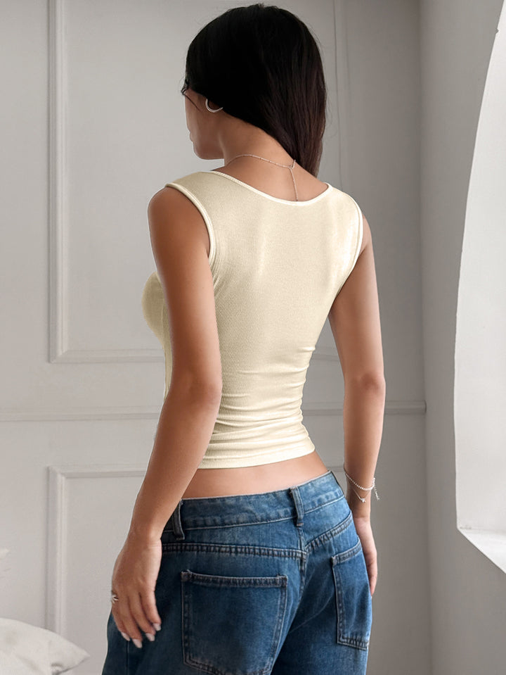 Cream Deep Neck Button Down Top