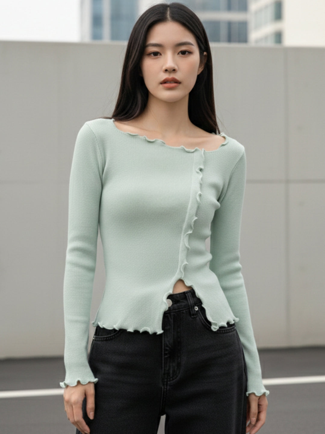 Light Blue Full Sleeve Wavy Hem Top