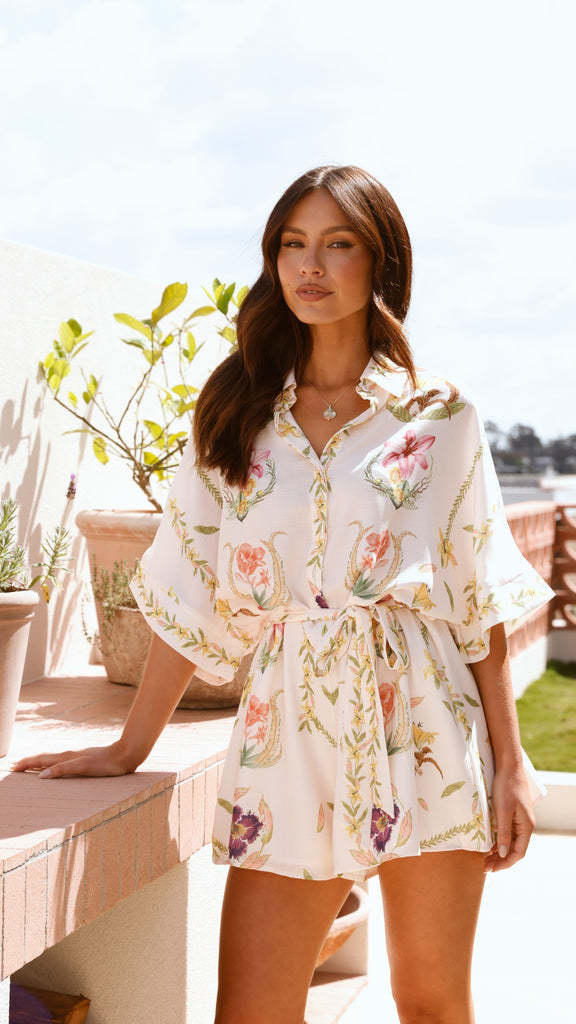 Cream Printed Collared Romper