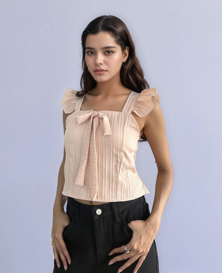 Pink Ruffled Sleeve Blouse with Bow