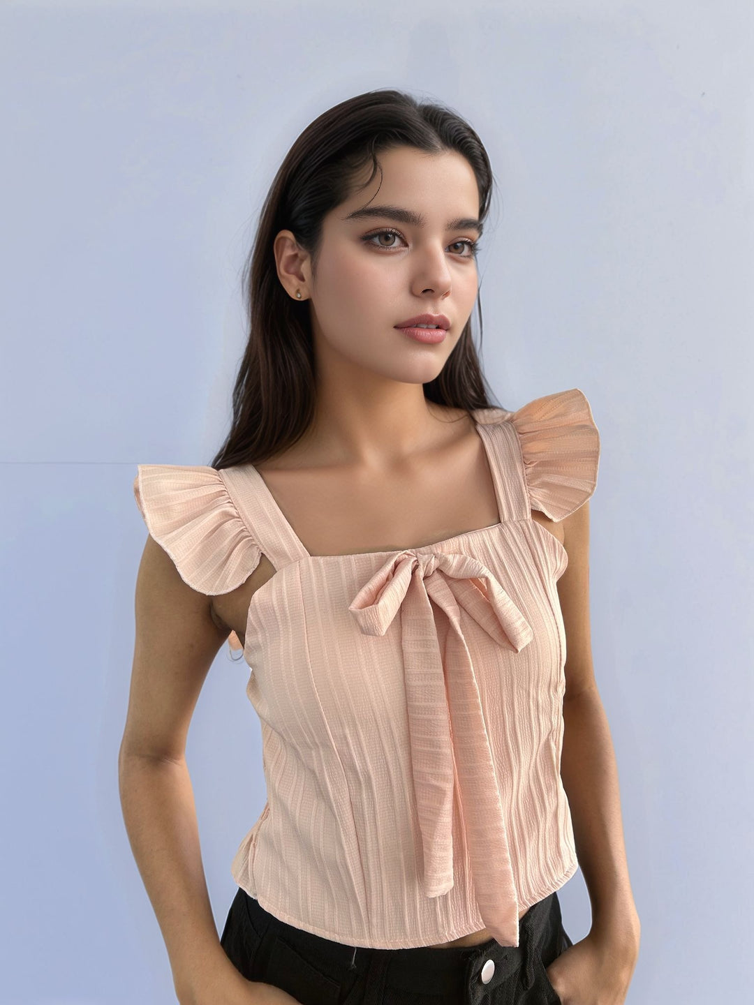 Pink Ruffled Sleeve Blouse with Bow