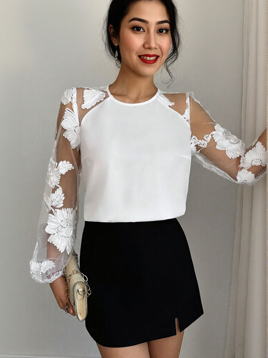 White Flroal Applique Blouse