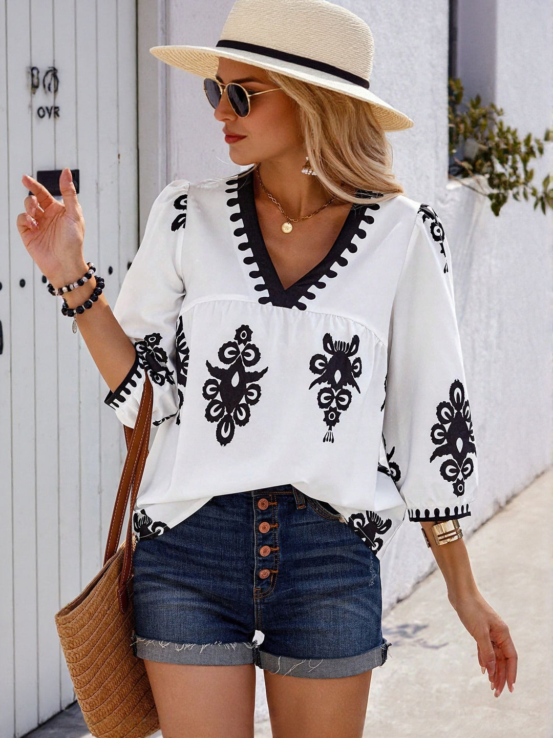White Placement Print Blouse