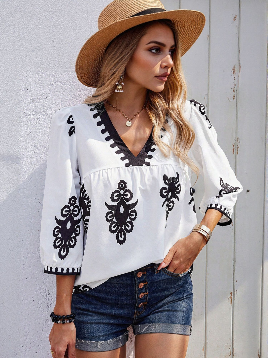 White Placement Print Blouse