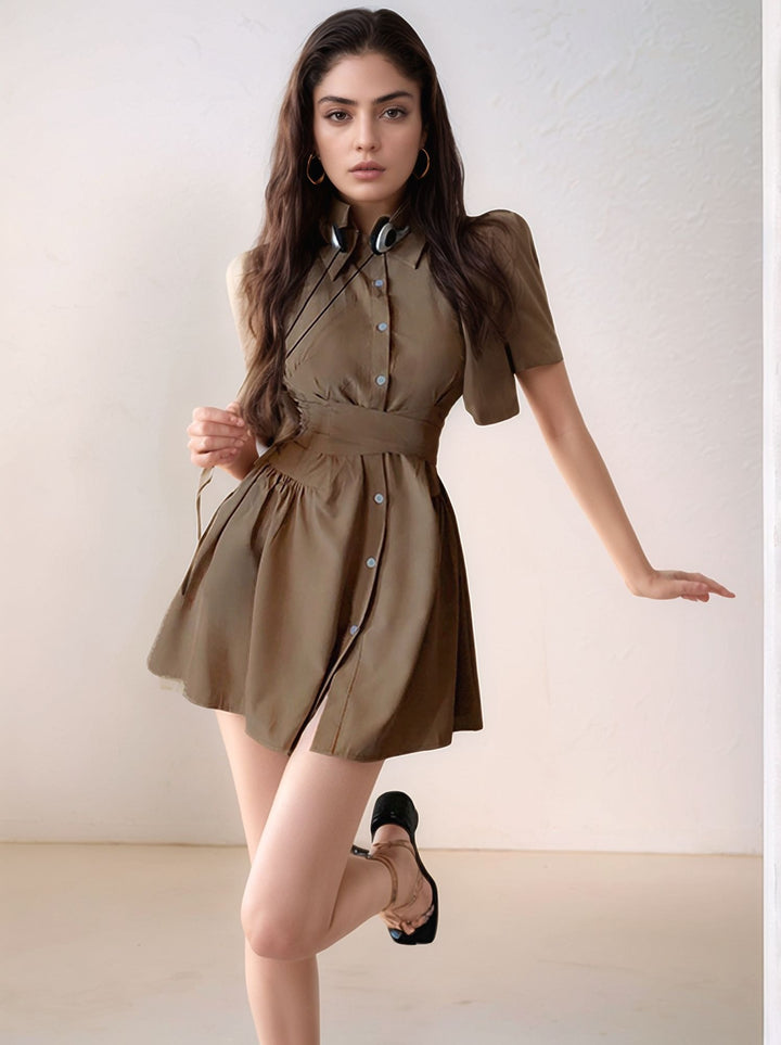 Brown Waist Tie Up A-Line Shirt Dress