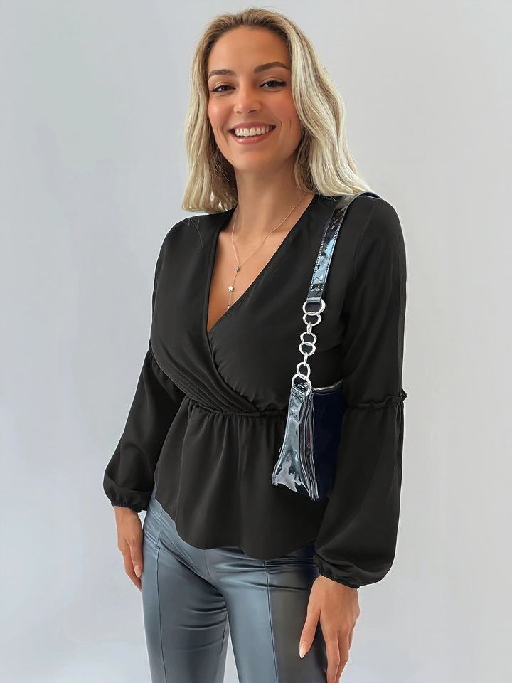 Black Wrap Peplum Satin Top