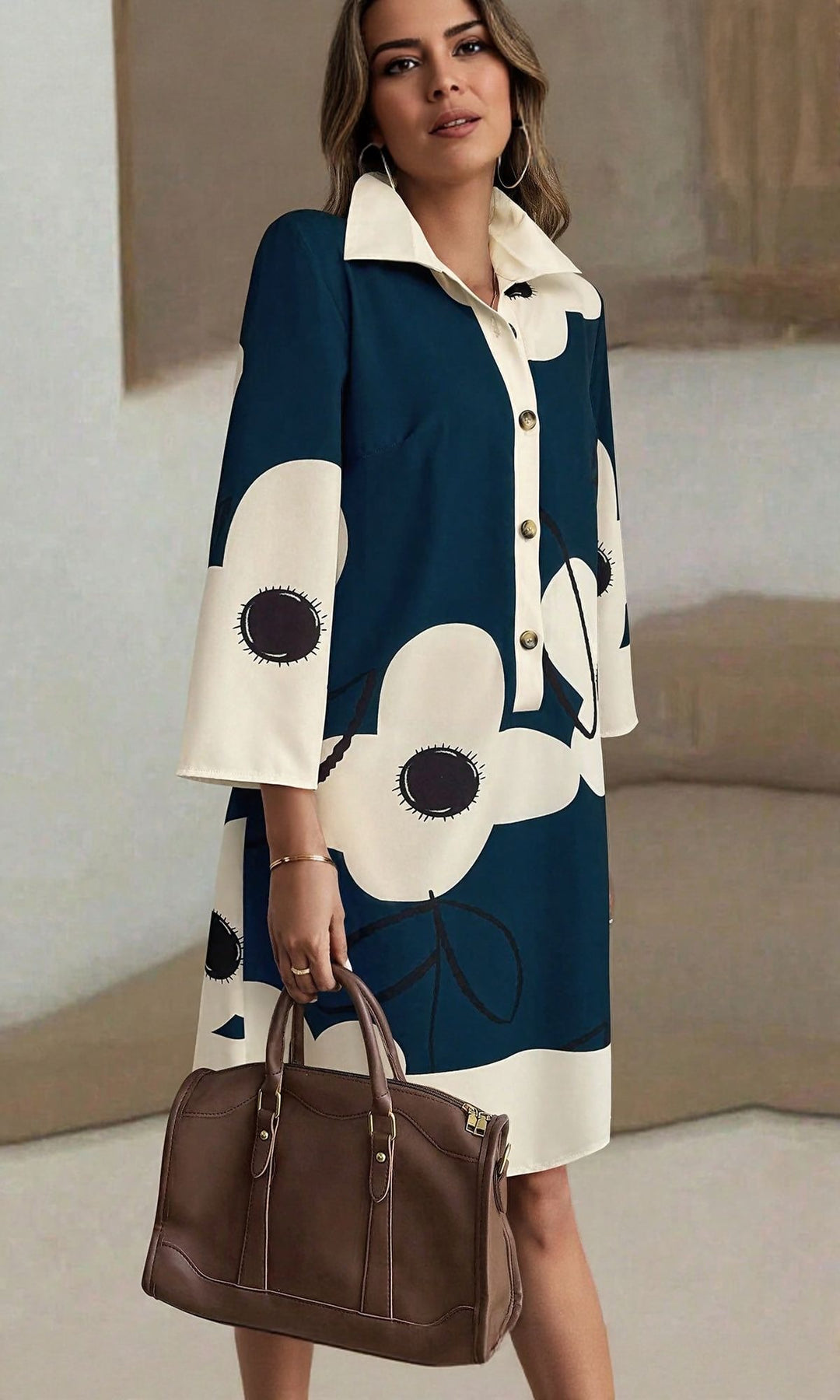 Navy Blue Abstract Print A Line Dress