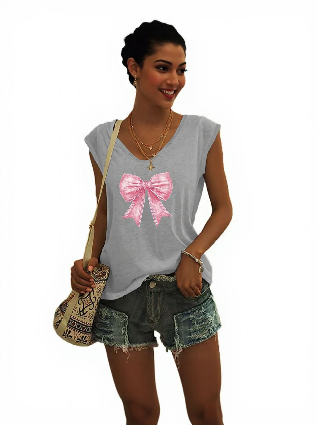Grey Bow Print Cap Sleeve Grpahic Tshirt