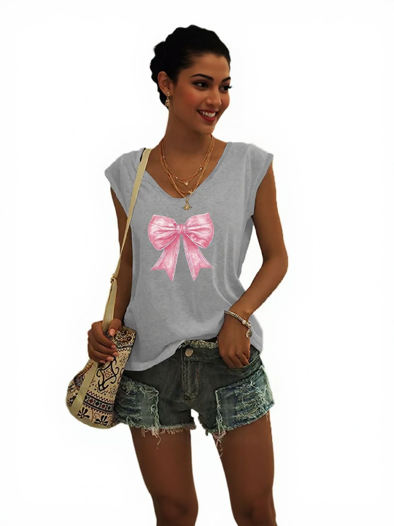 Grey Bow Print Cap Sleeve Grpahic Tshirt