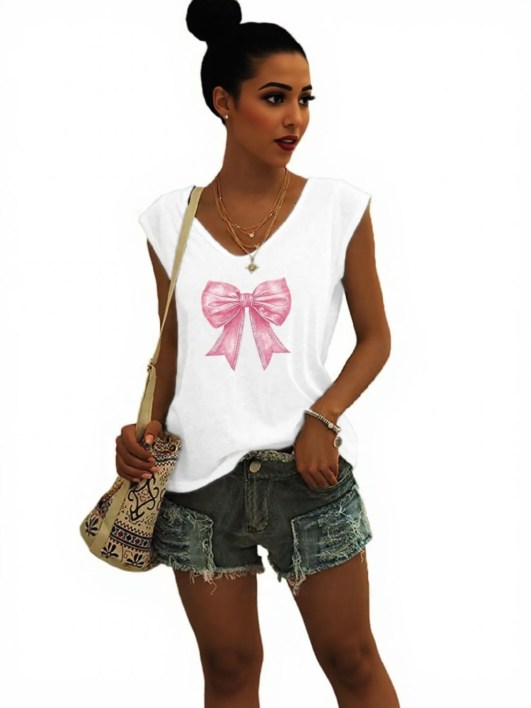 White Bow Print Cap Sleeve Grpahic Tshirt