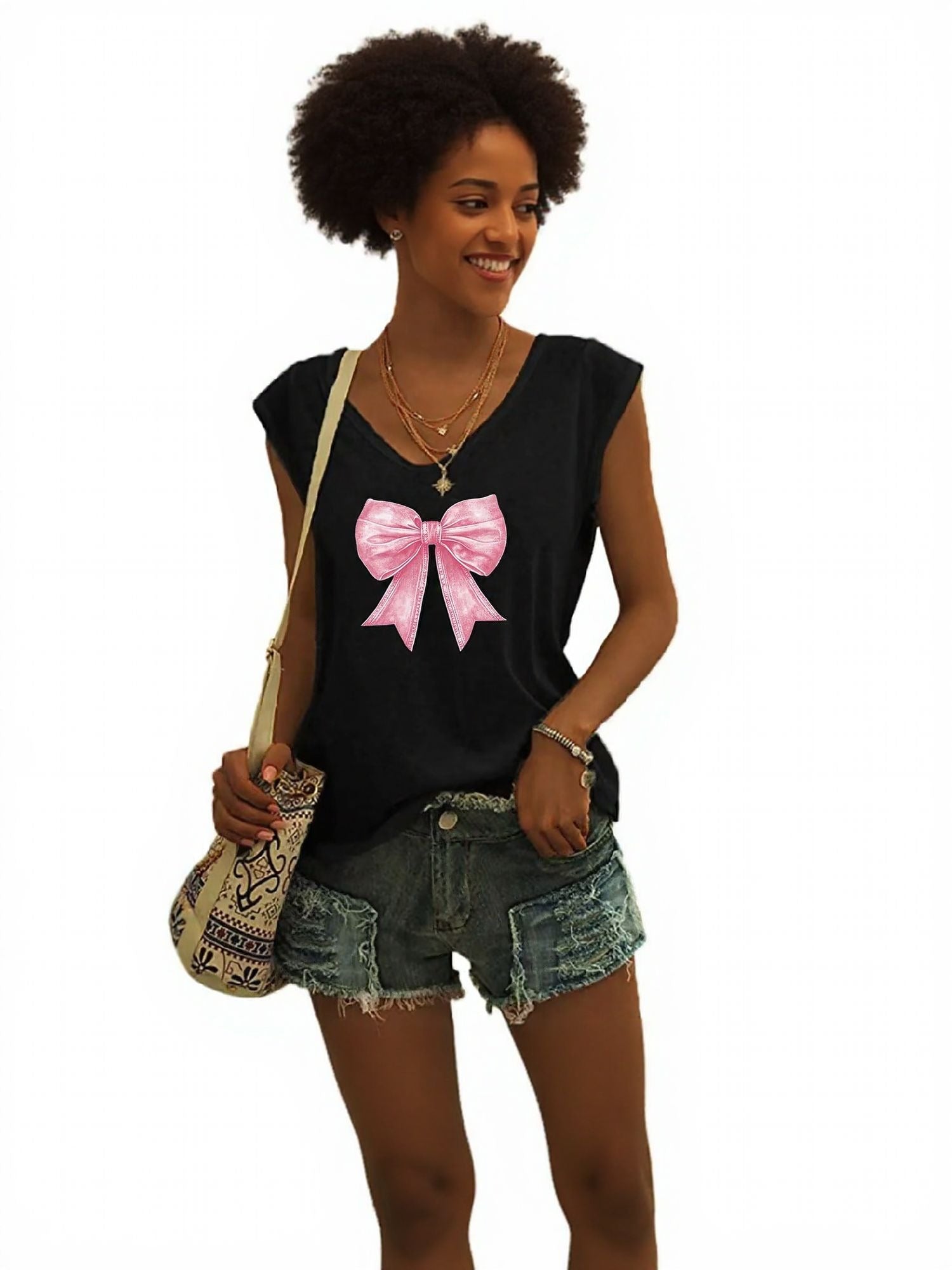 Black Bow Print Cap Sleeve Grpahic Tshirt
