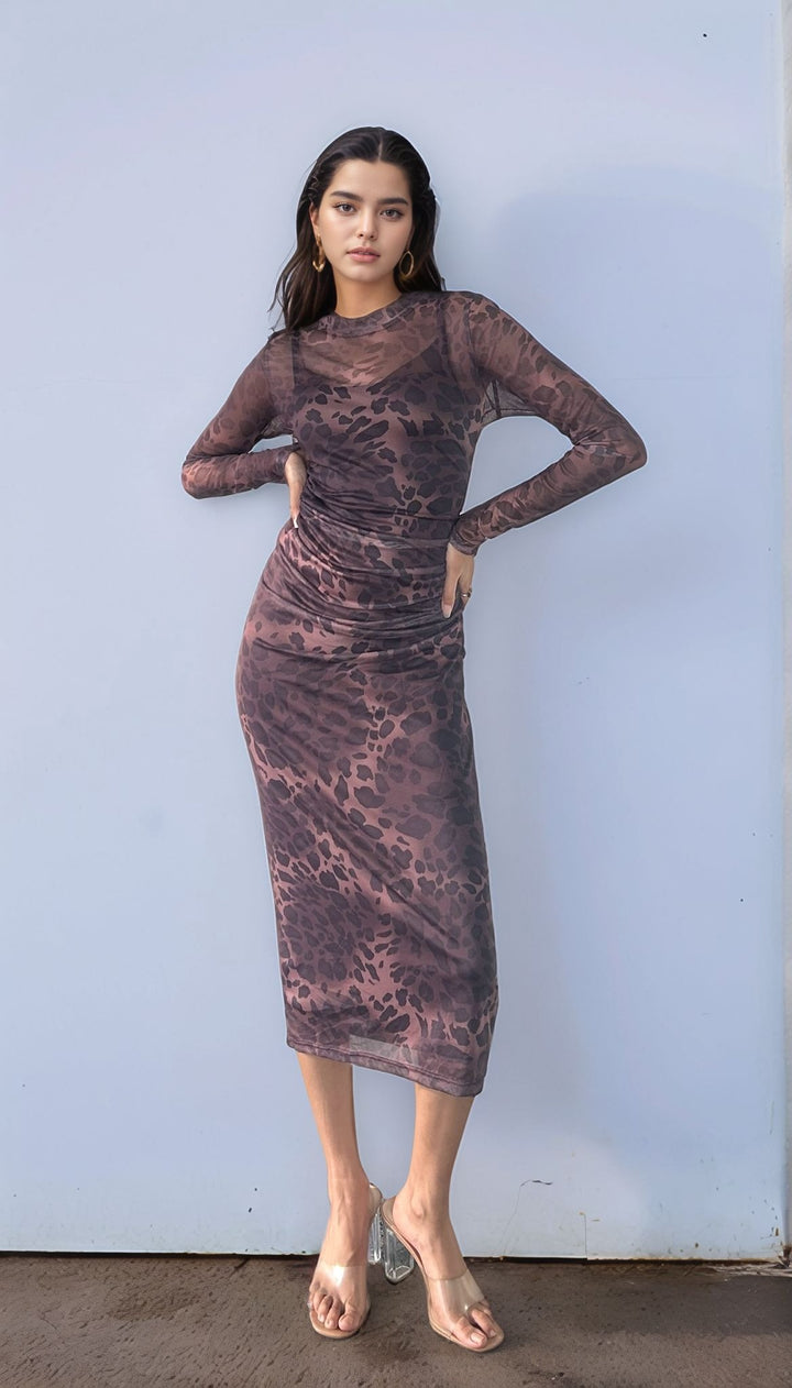 Brown Leopard Print Mesh Dress