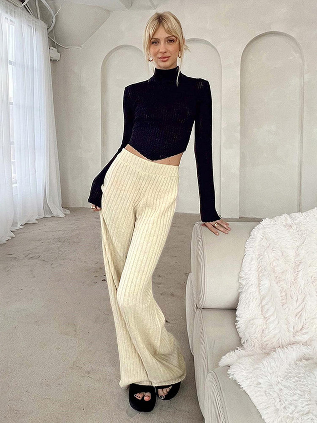 Beige Solid Rib Lounge Pants
