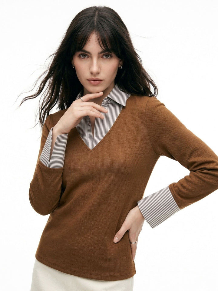 Brown Full Sleeve Contrast Collar Fitted Top
