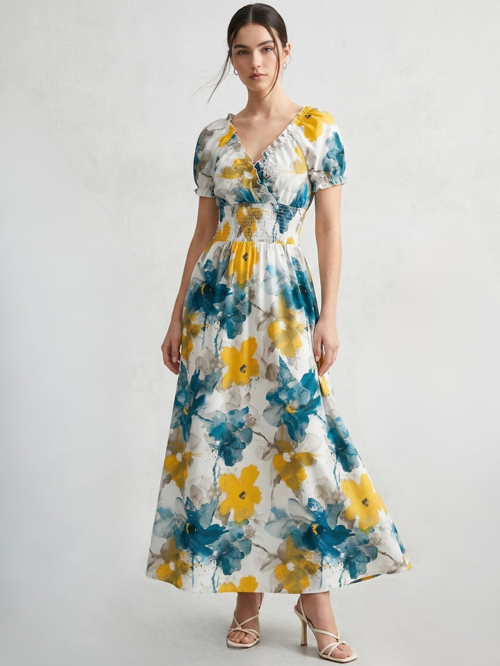 Multi Short Sleeve Waist Fitted Floral Dress