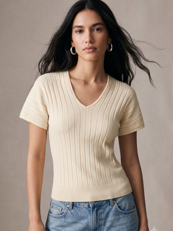 Cream V-Neck Textured Top