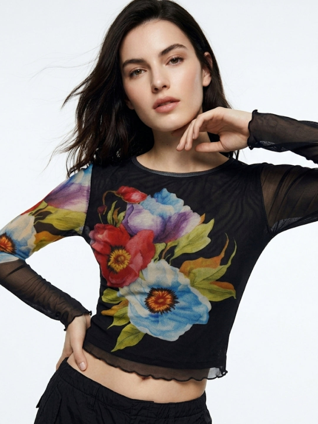 Black Full Mesh Sleeve Printed Top