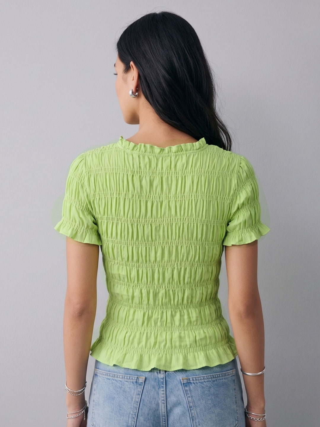 Green Smocked Fitted Top