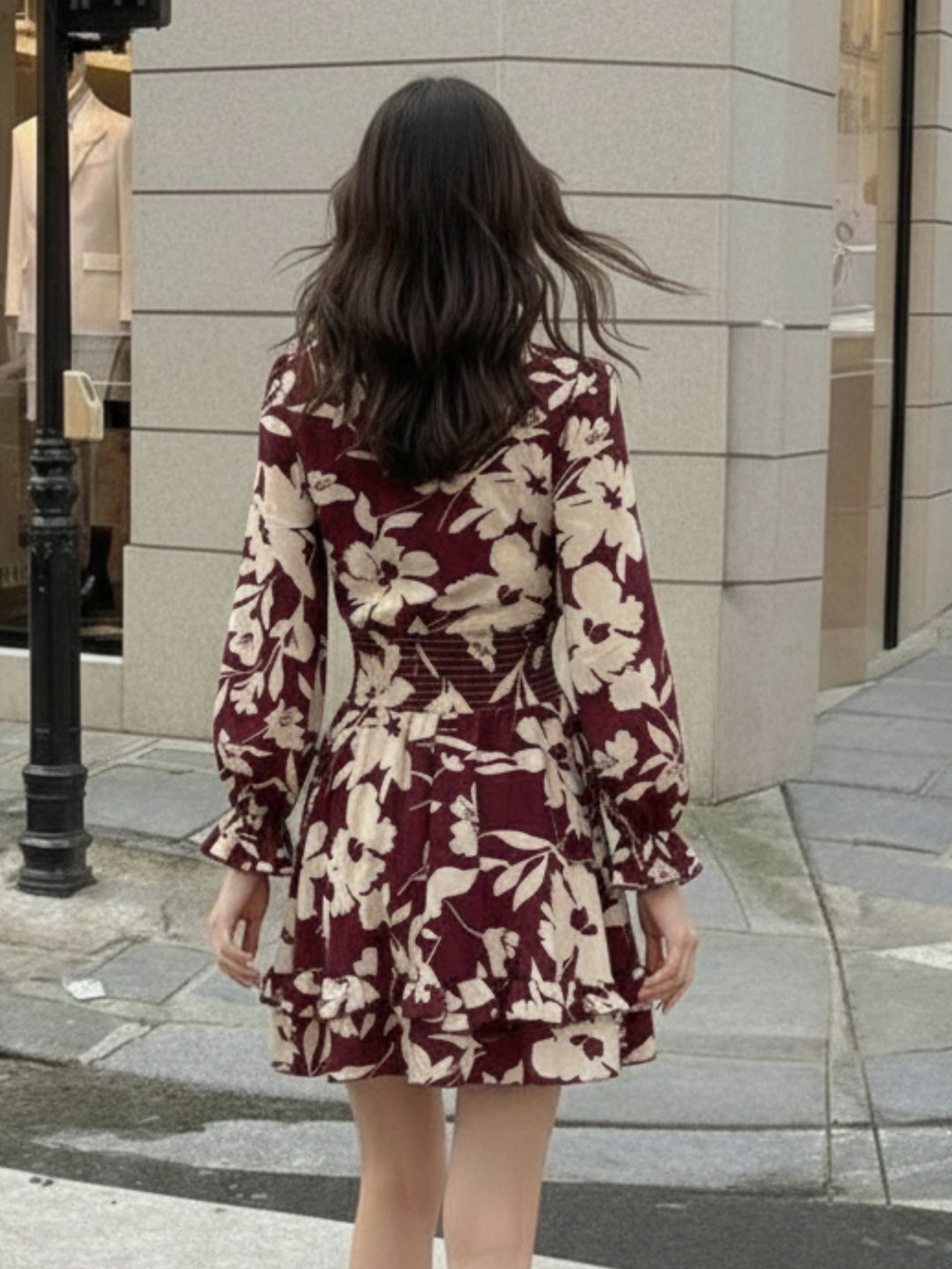 Wine Bishop Sleeve Front Tie-Up Printed Dress