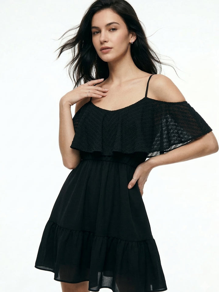 Black Cold Shoulder Solid Skater Dress