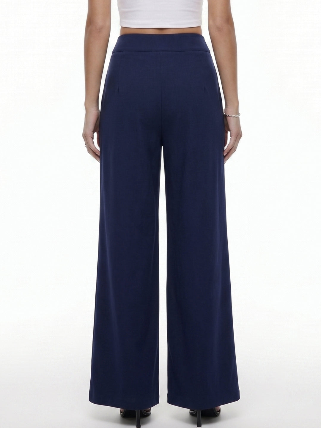 Navy Blue High Waist Pleated Flared Trouser